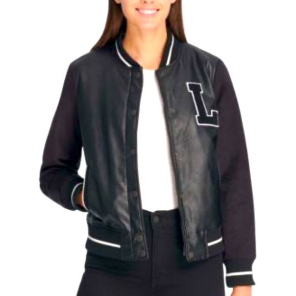 Levis Womens Mixed Media Letterman Varsity Black Bomber Jacket Size Small - Picture 1 of 16